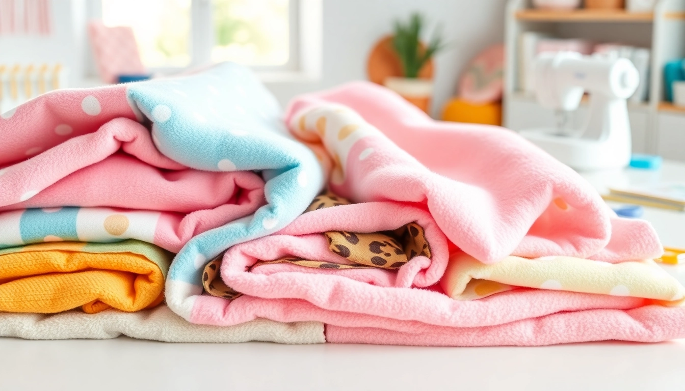 Verschillende fleece stoffen tonen levendige kleuren en patronen.