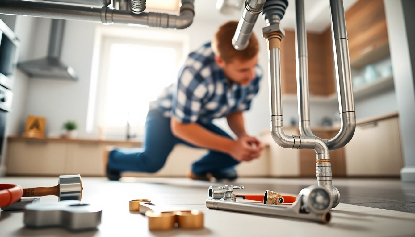 Plumbing expert installs pipes under a sink in a modern kitchen, illustrating quality plumbing work.